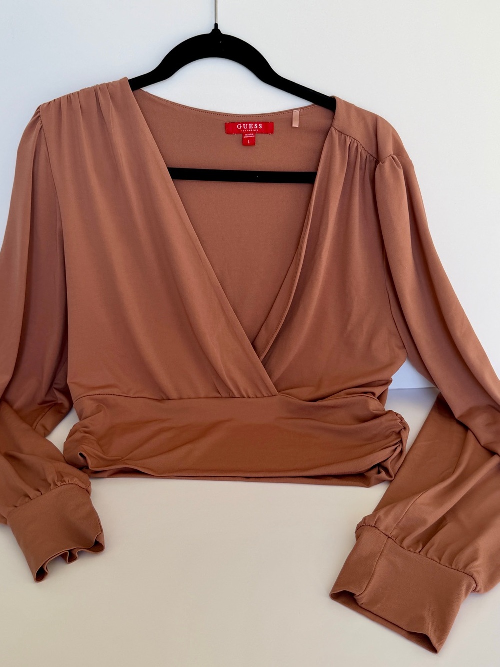 GUESS Brown Surplice Wrap V Neck Long Sleeve Top Size L